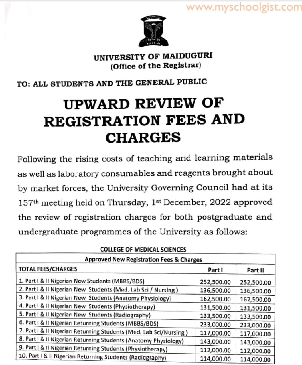 UNIMAID School Fees Schedule for 2022/2023 Session