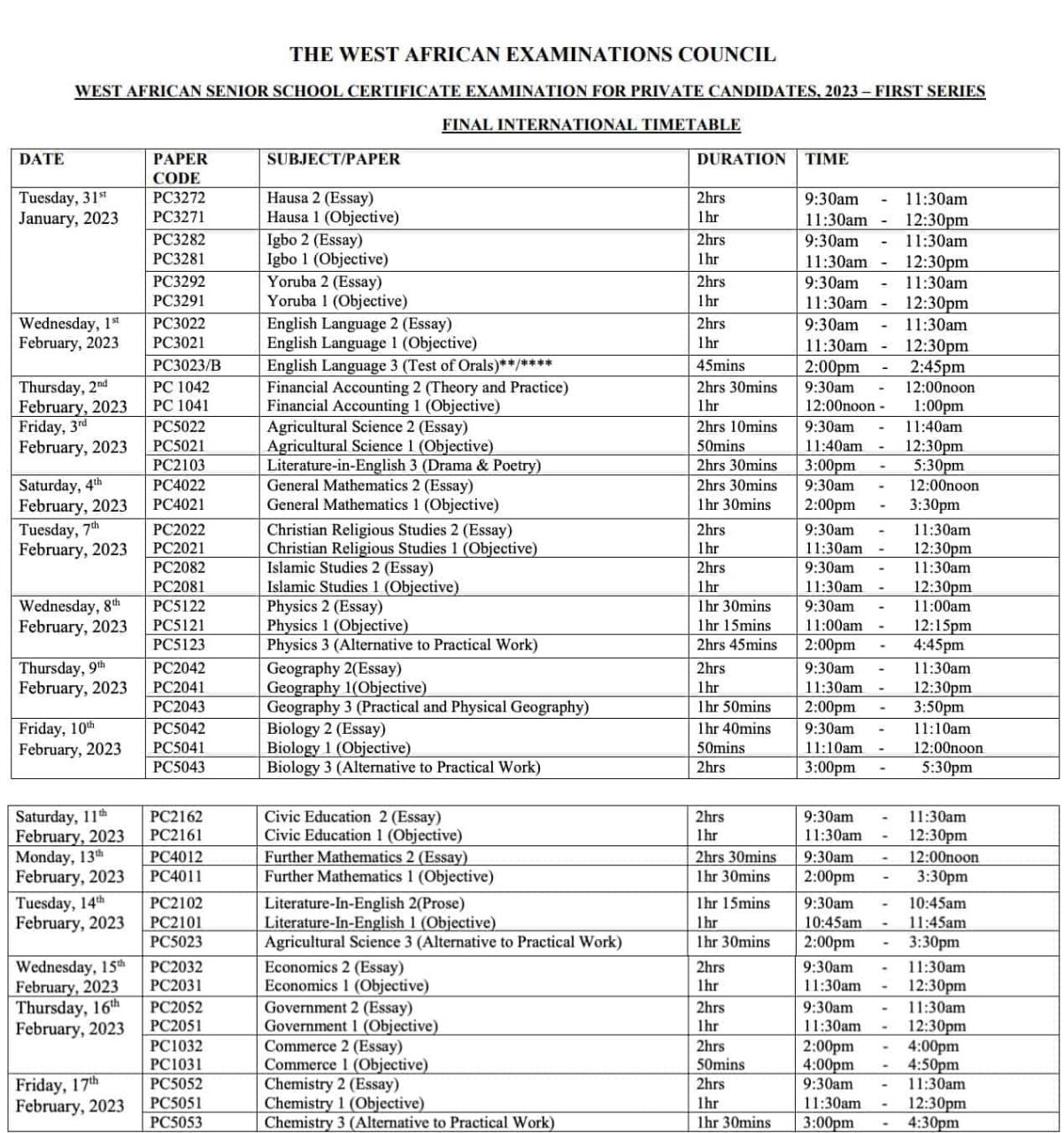 2023 WAEC GCE Timetable (1st Series Jan/Feb)