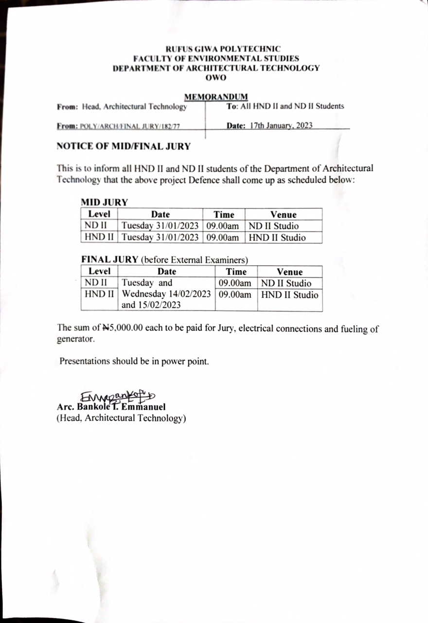 RUGIPO Notice to ARCHY Finalists (HND II & ND II) on Mid/Final Jury