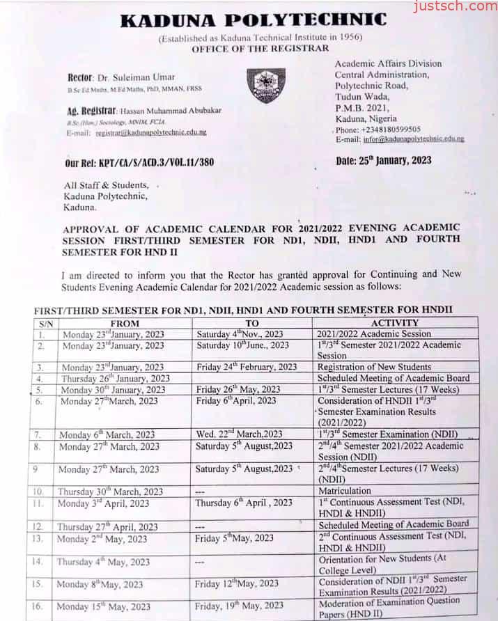 Kaduna Poly Academic Calendar for 2023